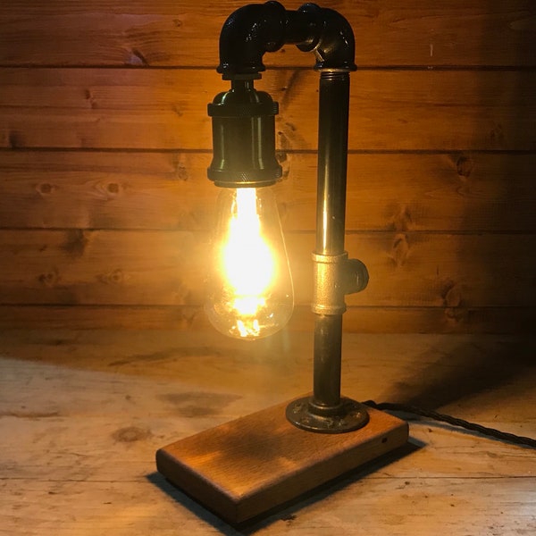 Industrial Table Lamp, Bedside Lamp, Solid Oak Base, Upcycled Steampunk, Retro, Edison Bulb, Mancave Complete with Edison Bulb and switch