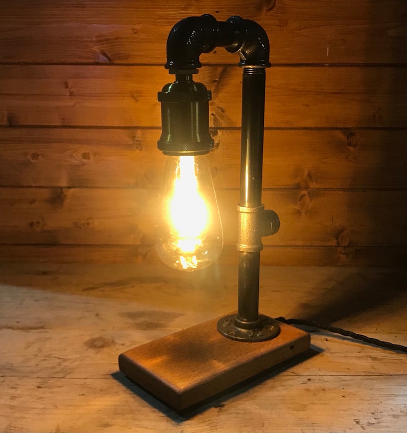Industrial Table Lamp Bedside Lamp Solid Oak Base Upcycled Etsy UK