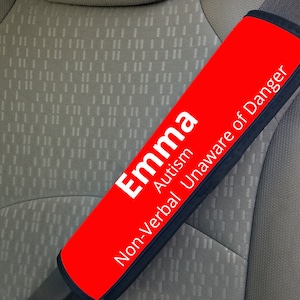 May include: Red car seat belt safety strap with the text "Emma Autism Non-Verbal Unaware of Danger" in white.
