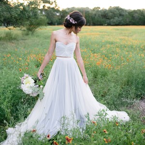 Maisie Gown | Grey bridal 2 piece separates, flowy bohemian tulle wedding dress