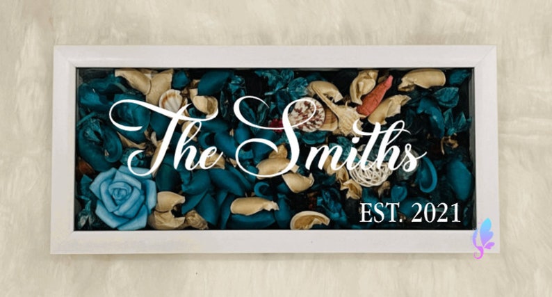 Puede incluir: Una caja de sombra enmarcada en blanco con un arreglo floral azul y beige en su interior. El texto "The Smiths EST. 2021" se muestra en la parte frontal de la caja.