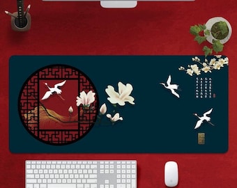 Oriental Crane Painting Big Mousepad Work Laptop Gaming Gift