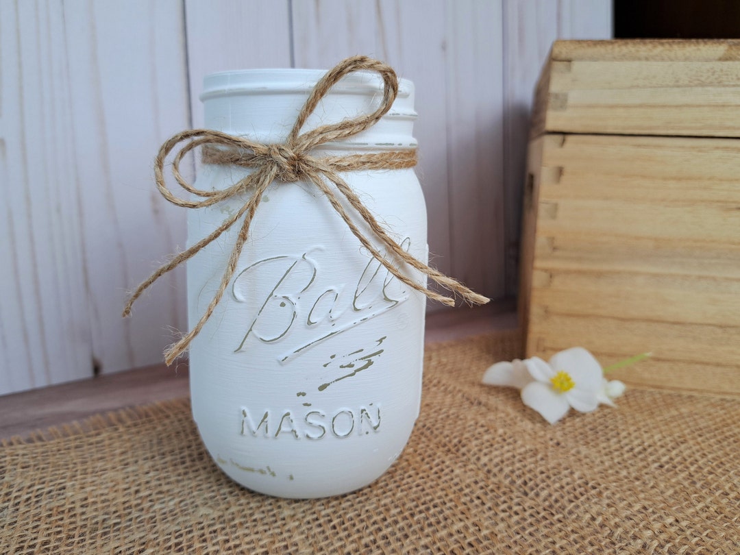 Pint Painted White Jars Painted Mason Jars Rustic Mason Jars White