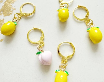 Stitch markers, lemon and peach stitch markers for knitting with  charms , gift for a knitter , progress keepers