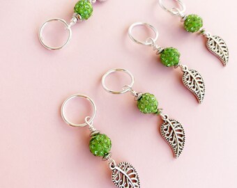 Stitch markers , 5 stitch markers for knitting, stitch markers with beads and leaf charms , gift for a knitter , progress keepers