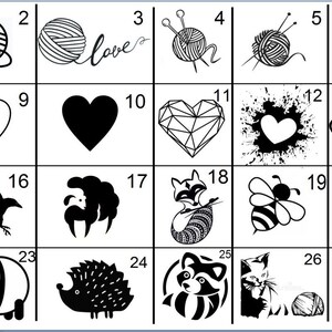 May include: A grid of black and white illustrations. The images include yarn balls, hearts, animals like a fox, bee, panda, and sheep, and knitting-related designs. The word "love" is also featured.