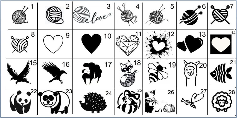 May include: A grid of black and white illustrations. The images include yarn balls, hearts, animals like a fox, bee, panda, and sheep, and knitting-related designs. The word "love" is also featured.