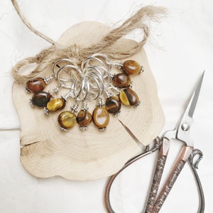 Set of ring stitch markers for knitting with tiger eye beads , gift for a knitter , progress keepers