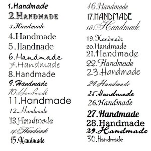 May include: A white background displays the word "Handmade" in 30 different fonts and styles. The text varies from simple to ornate, with some in all caps and others in cursive. The image showcases a variety of lettering options.