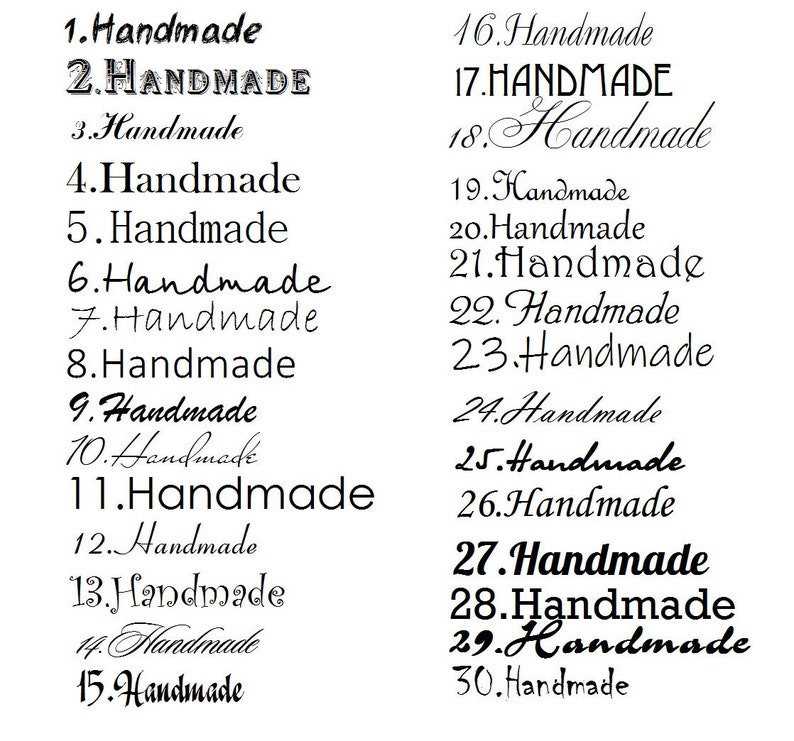 May include: A white background displays the word "Handmade" in 30 different fonts and styles. The text varies from simple to ornate, with some in all caps and others in cursive. The image showcases a variety of lettering options.
