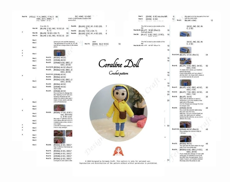 PADRÃO EM PORTUGUÊS Amigurumi boneca artesanal Coraline. Receita crochê de alta qualidade, o melhor presente de semper image 6