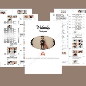 May include: Crochet pattern for a Wednesday Addams doll. The pattern includes instructions for making the dress, collar, and hair. The pattern is written in English.
