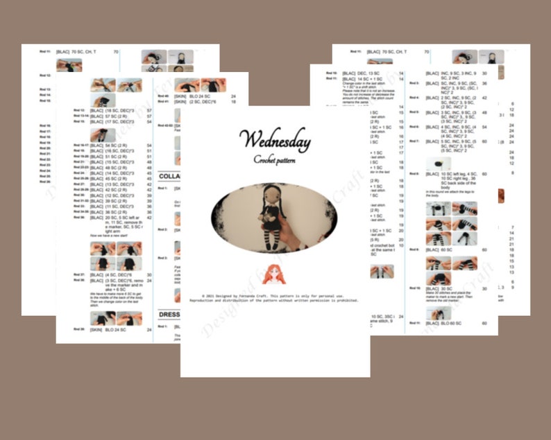 May include: Crochet pattern for a Wednesday Addams doll. The pattern includes instructions for making the dress, collar, and hair. The pattern is written in English.