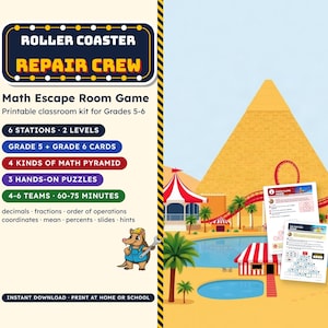Math Escape Room for Grades 5-6, Roller Coaster Repair Crew, Printable Classroom Game image 1