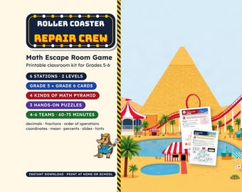 Math Escape Room for Grades 5-6, Roller Coaster Repair Crew, Printable Classroom Game
