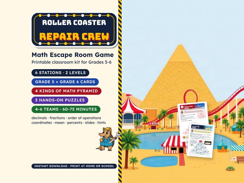 Math Escape Room for Grades 5-6, Roller Coaster Repair Crew, Printable Classroom Game image 1