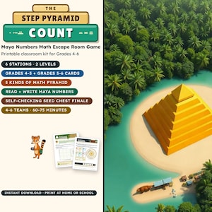 Puede incluir: Un juego de escape room matemático imprimible titulado The Step Pyramid Count, con números mayas para los grados 4-6. El kit incluye 6 estaciones, 2 niveles, 5 tipos de pirámides matemáticas y un final de cofre de semillas autoverificable.