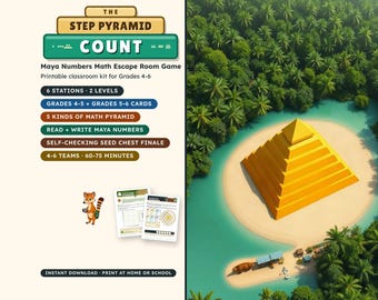 Puede incluir: Un juego de escape room matemático imprimible titulado The Step Pyramid Count, con números mayas para los grados 4-6. El kit incluye 6 estaciones, 2 niveles, 5 tipos de pirámides matemáticas y un final de cofre de semillas autoverificable.