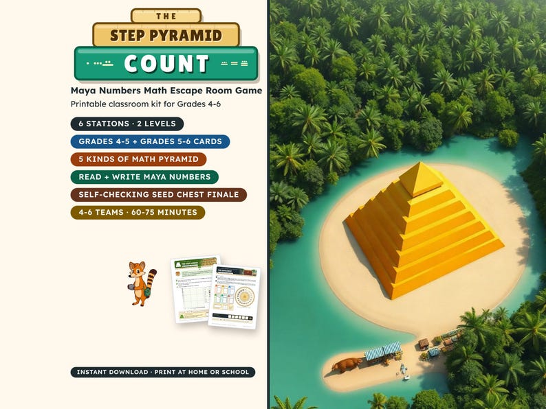 Maya Numbers Escape Room Grades 4-6, The Step Pyramid Count, Printable Math Game image 1