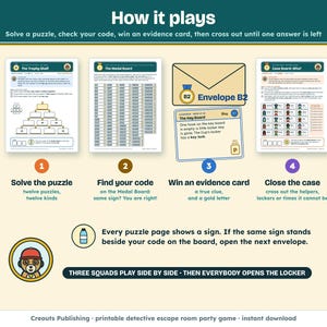 How it plays: solve the puzzle, find your code on the Medal Board, win an evidence card, then cross out who, where and when on the case board