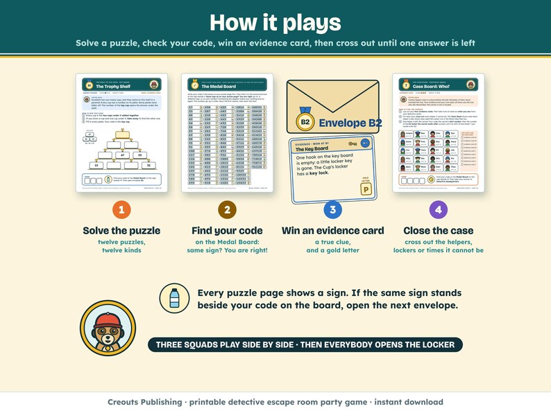 How it plays: solve the puzzle, find your code on the Medal Board, win an evidence card, then cross out who, where and when on the case board