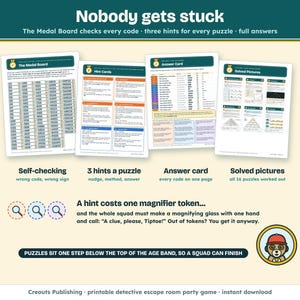 Nobody gets stuck: the self-checking Medal Board, three hints for every puzzle, an answer card and solved pictures