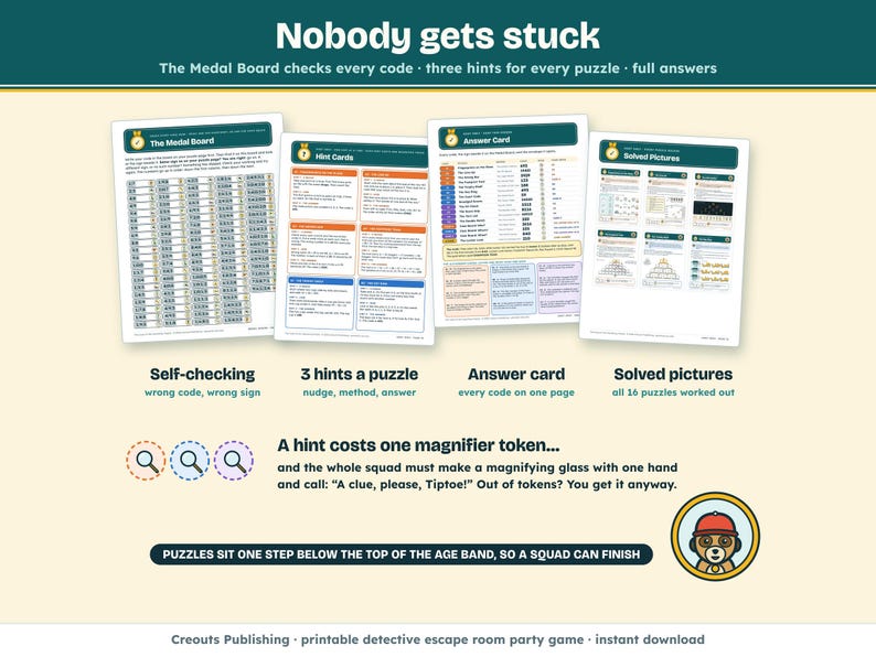 Nobody gets stuck: the self-checking Medal Board, three hints for every puzzle, an answer card and solved pictures