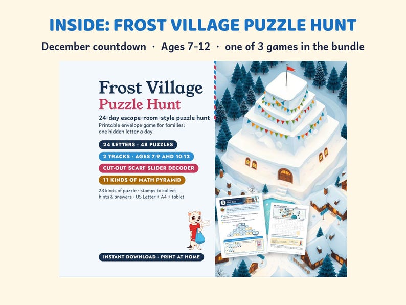 Paquete imprimible de Escape Room, Vacaciones de invierno en familia, Cuenta regresiva de diciembre, Nochevieja, Búsqueda de regalos imagen 3