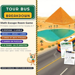 Math Escape Room for Grades 6-7, Tour Bus Breakdown, Printable Classroom Game image 1