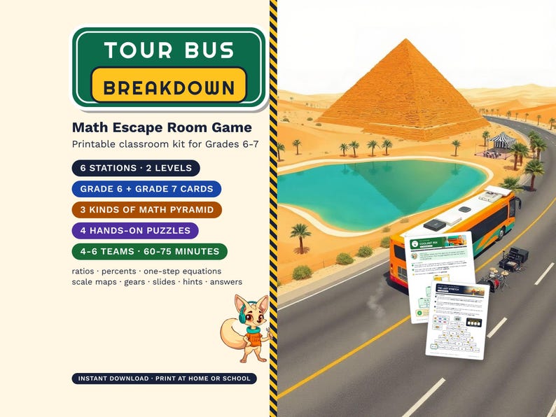 Math Escape Room for Grades 6-7, Tour Bus Breakdown, Printable Classroom Game image 1