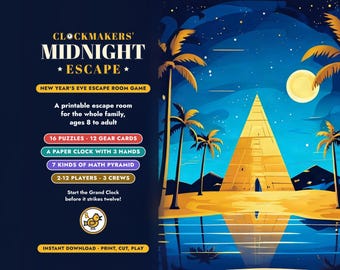 New Year's Eve Escape Room Game, Clockmakers' Midnight, Printable Family Party Kit (Ages 8+)