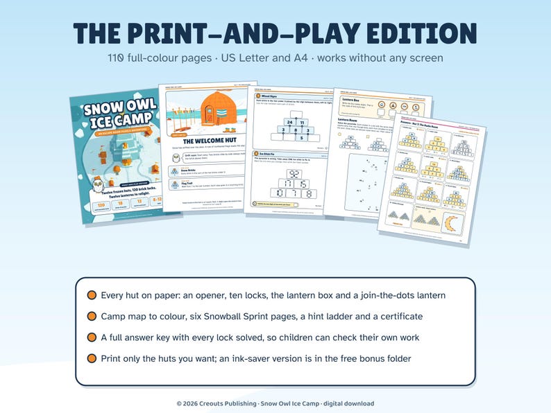 Snow Owl Ice Camp, Math Escape Room for Kids 8-12, Browser Game + Printable PDF image 8