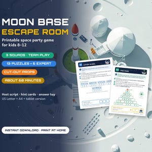 Moon Base Escape Room, Printable Space Party Game for Kids 8-12 (Instant Download) image 1