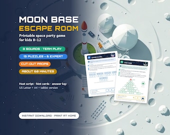 Juego de escape de la base lunar, juego imprimible para fiestas espaciales para niños de 8 a 12 años (descarga instantánea)