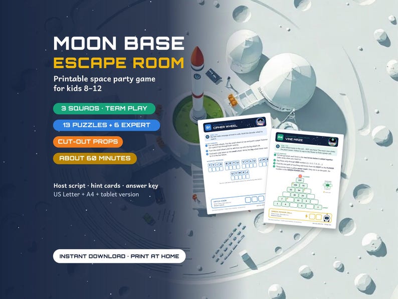 Moon Base Escape Room, Printable Space Party Game for Kids 8-12 (Instant Download) image 1
