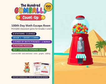 100th Day of School Escape Room, Grades 1-2, Hundred Gumballs Count-Up, Printable