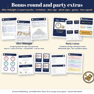 Bonus round and party extras: After Midnight with 6 expert puzzles, invitations, a door sign, photo-booth signs, games, a time capsule letter, badges and posters