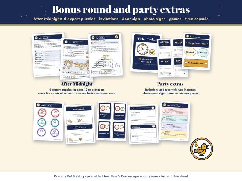 Bonus round and party extras: After Midnight with 6 expert puzzles, invitations, a door sign, photo-booth signs, games, a time capsule letter, badges and posters