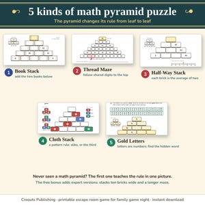 The 5 kinds of math pyramid puzzle: Book Stack, Thread Maze, Half-Way Stack, Cloth Stack and Gold Letters