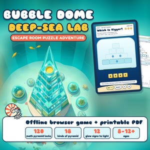 Matte Escape Room-spel för barn 8-12 år, Bubble Dome Deep-Sea Lab, webbläsare + utskrivbar PDF bild 1