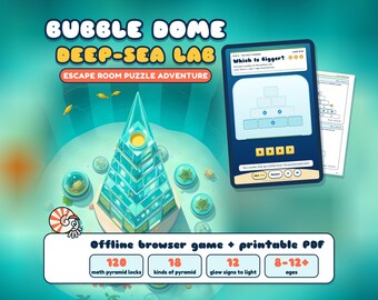 Juego de escape matemático para niños de 8 a 12 años: Laboratorio submarino con cúpula de burbujas. Disponible para navegador y en formato PDF imprimible.