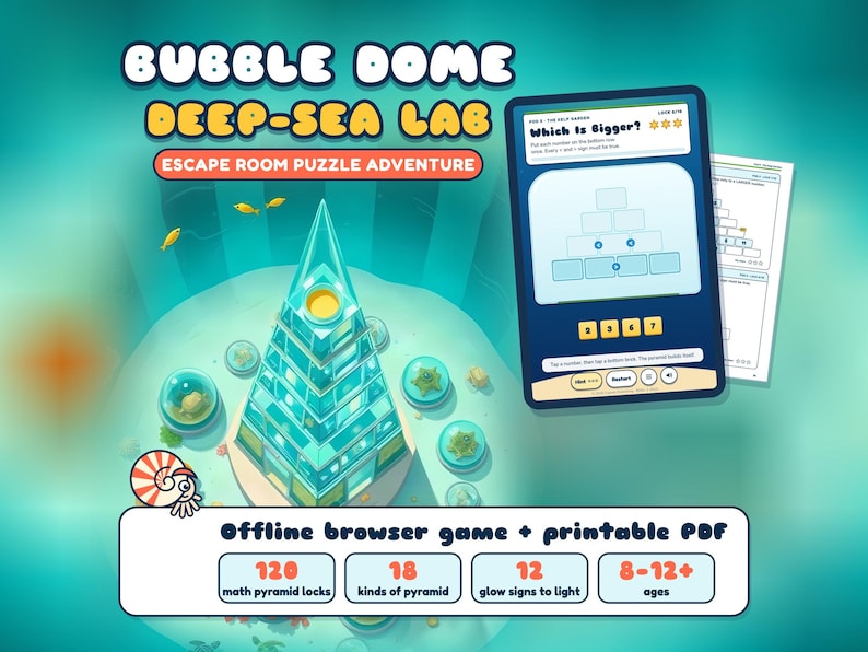 Matte Escape Room-spel för barn 8-12 år, Bubble Dome Deep-Sea Lab, webbläsare + utskrivbar PDF bild 1