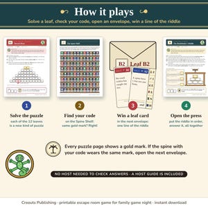 How it plays: solve the puzzle, find your code on the Spine Shelf, open the envelope and win a leaf card, then put the riddle in order and open the Riddle Press together