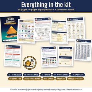Everything in the kit: cover, evidence sheets, puzzle pages, tickets, 12 luggage tags, the Departures Board, hint cards and certificates