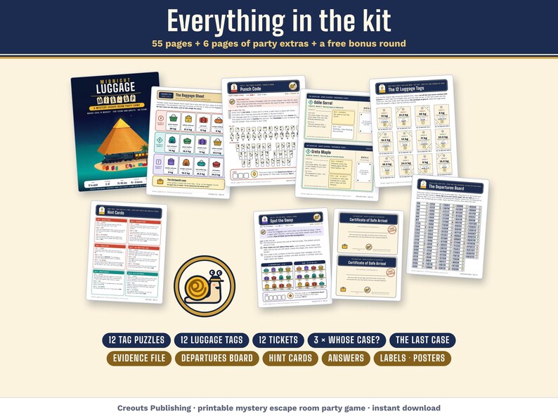 Everything in the kit: cover, evidence sheets, puzzle pages, tickets, 12 luggage tags, the Departures Board, hint cards and certificates