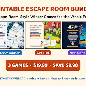 Zestaw escape room do druku, Zimowe wakacje rodzinne, Odliczanie do grudnia, Sylwester, Polowanie na prezenty
