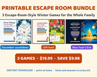 Op de afbeelding: Een printbaar escape room pakket met drie spellen: Frost Village Puzzle Hunt, Cipher Wheel Gift Hunt en Clockmakers Midnight Escape. De digitale kit bevat instructies, puzzels en spelmateriaal om thuis te printen.
