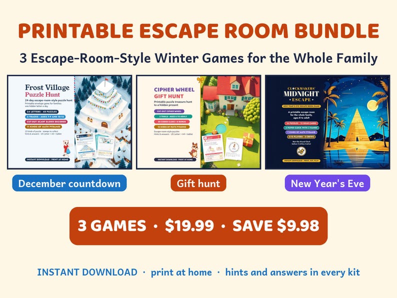 Paquete imprimible de Escape Room, Vacaciones de invierno en familia, Cuenta regresiva de diciembre, Nochevieja, Búsqueda de regalos imagen 1