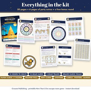 Everything in the kit: cover, map, puzzle pages, the Grand Clock dial, 12 gear cards, the Drawer Wall, hint cards and certificates