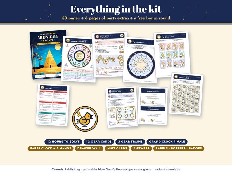 Everything in the kit: cover, map, puzzle pages, the Grand Clock dial, 12 gear cards, the Drawer Wall, hint cards and certificates